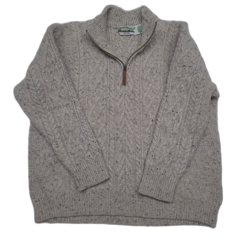 Vtg Aran Crafts Quarter Zip Oatmeal Sweater